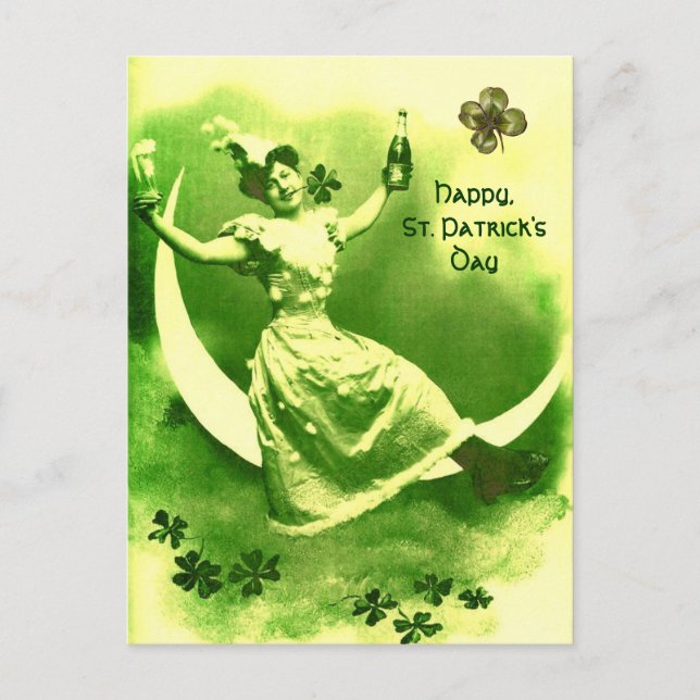 CARTÃO POSTAL DIA DE SÃO PATRÍCIO MOON LADY COM SHAMROCKS (Frente)
