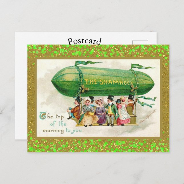 Cartão Postal Dia de São Patrício Trevos Zeppelin Brilho Irlandê (Frente/Verso)