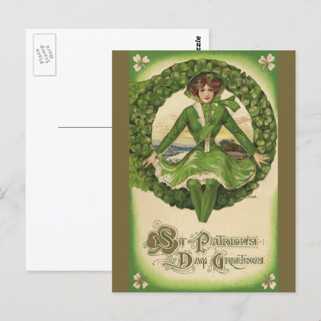 Cartão Postal Dia de São Patrício Vintage, Jovem Irlandesa em um (Frente/Verso)