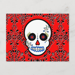 Cartão Postal Dia do Crânio do Açúcar Morto - Branco e Vermelho