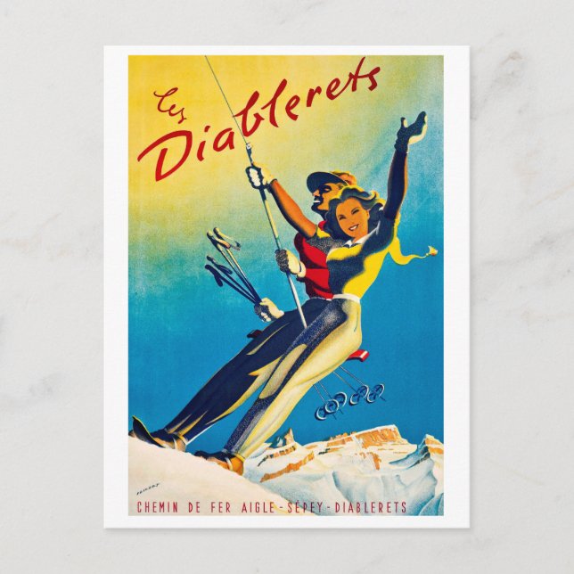 Cartão Postal Diablerets, montanha, casal em elevador de esqui (Frente)
