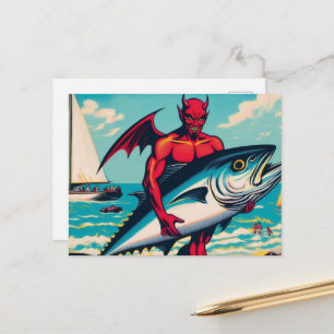 Cartão Postal Diabo do Pop Art Retro Com Atum na Praia
