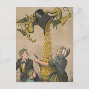 Cartão Postal Diabos Derramando Moedas de Ouro no Avental de Mul