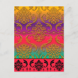 Cartão Postal Diamond Damask, NEON RAINBOL em Goldenrod & Purple