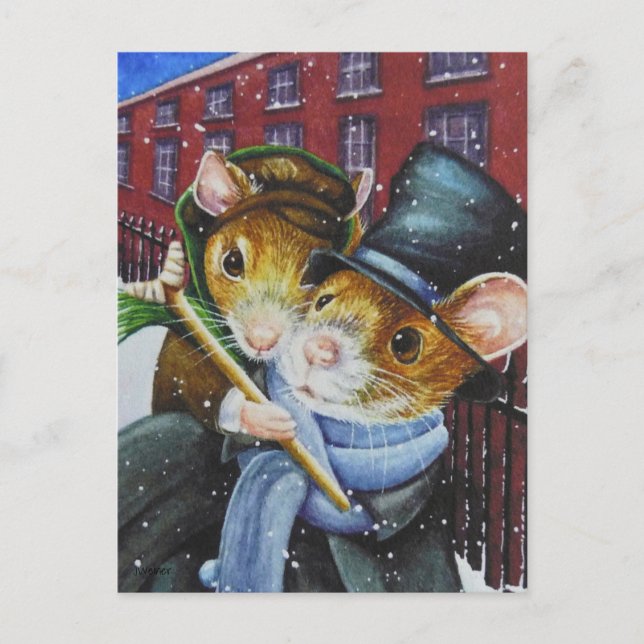 Cartão Postal Dickens Christmas Carol Mice Watercolor Art (Frente)