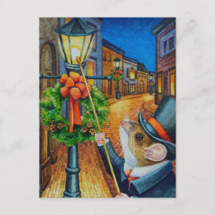 Cartão Postal Dickens Christmas Lamplighter Mouse Watercolor Art