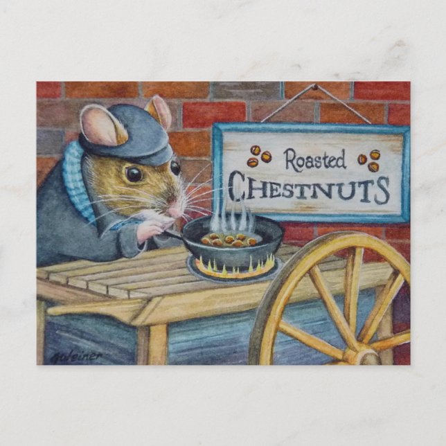 Cartão Postal Dickens Christmas Mouse Roasting Art (Frente)