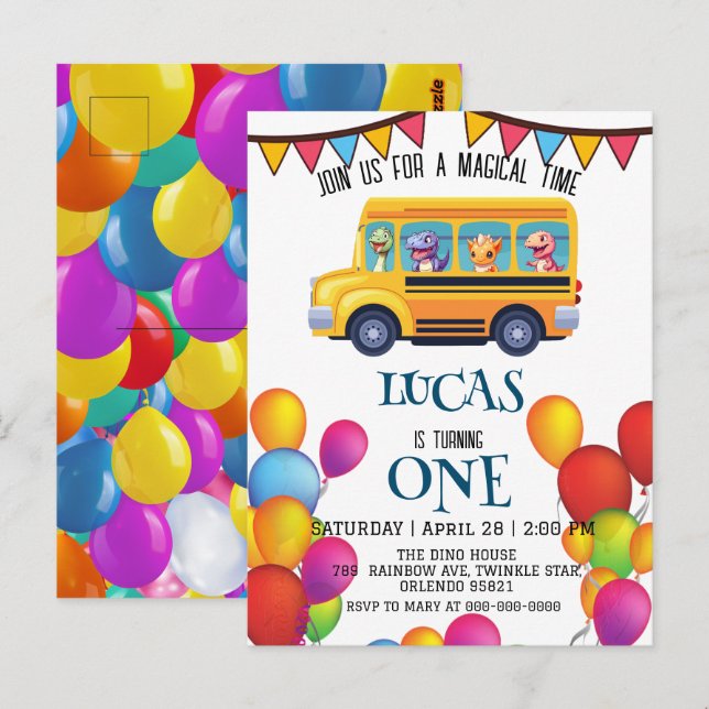 Cartão Postal Dino divertido volta à escola ônibus menino aniver (Frente/Verso)