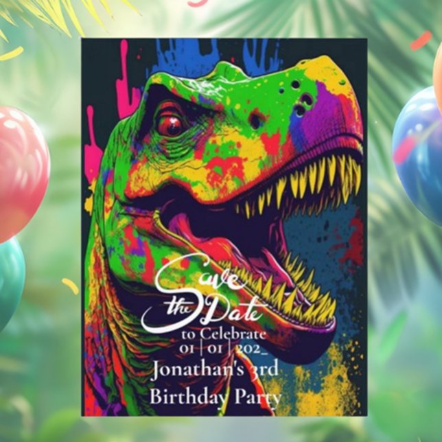 Cartão Postal Dino Feliz T-Rex Salva a data  (Dino Happy T-Rex Save the Date Postcard for Fun Events!)