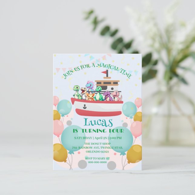 Cartão Postal Dinosaur engraçado Iate Festa de aniversário faça  (Em pé/Frente)