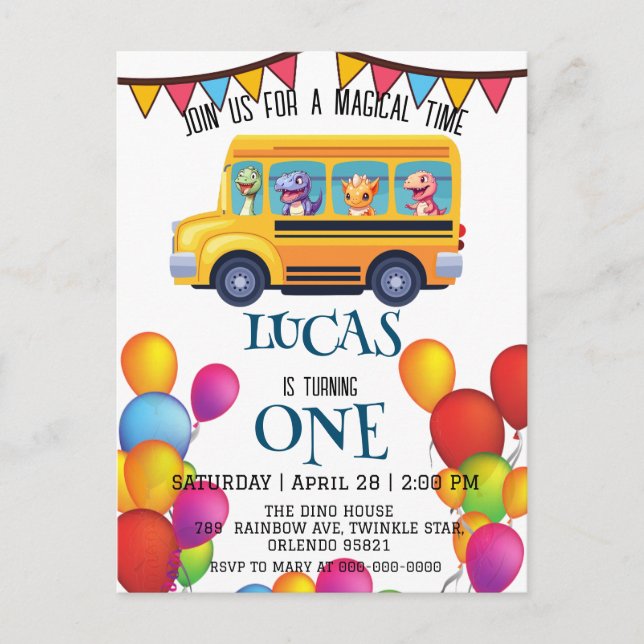 Cartão Postal Dinosauro engraçado De Volta à Escola Ônibus menin (Frente)