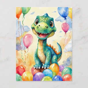 Cartão Postal Dinosaurzinho fofo com muitos balões coloridos