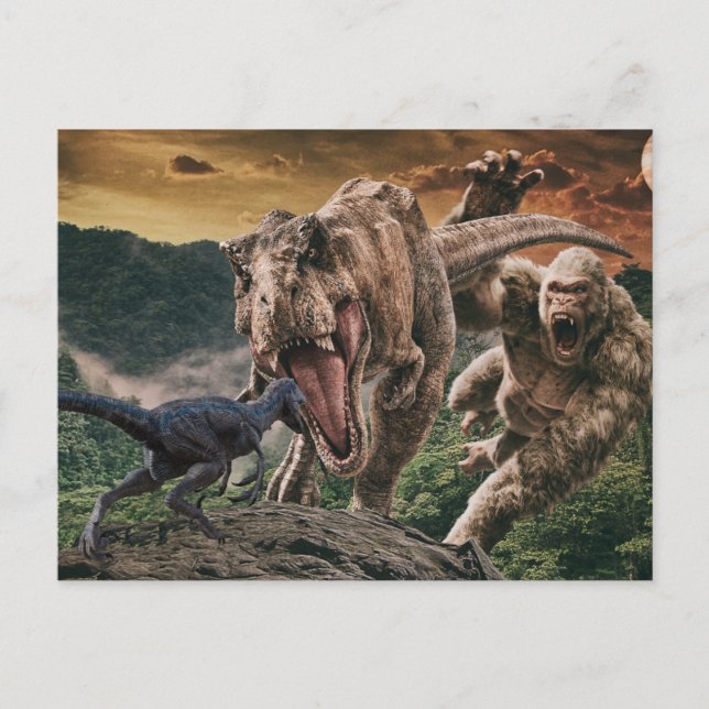 Cartão Postal Dinossaur Tyrannosaurus Gorilla Velociraptor (Frente)