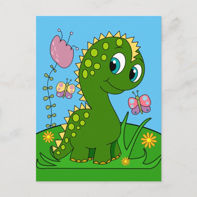 Cartão Postal Dinossauro De Cartoon, Flores E Borboletas (Frente)