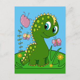 Cartão Postal Dinossauro de Desenho Animado, Flores e Borboletas