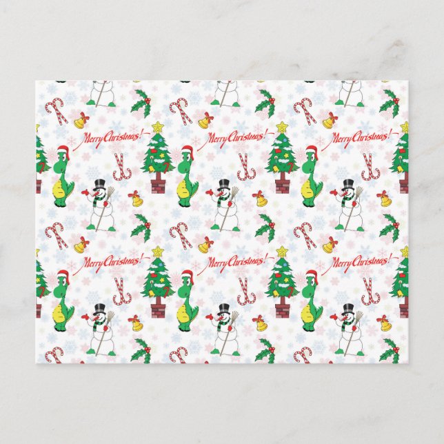 Cartão Postal dinossauro de Natal e boneco de neve (Frente)