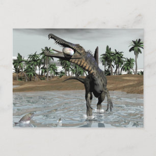 Cartão Postal Dinossauro espinossauro comendo peixe - renderizaç