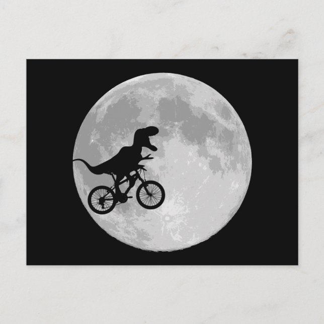 Cartão Postal Dinossauro numa bicicleta com lua (Frente)