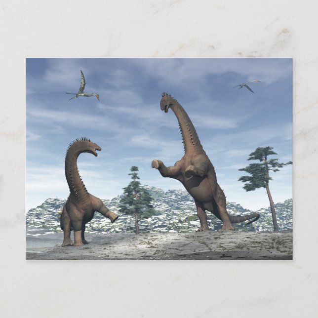 Cartão Postal dinossauros Alamosaurus lutam - renderização 3D (Frente)