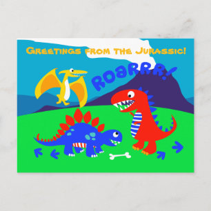 Cartão Postal Dinossauros bonitos em pé numa colina