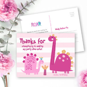 Cartão Postal Dinossauros Rosa Fofos Agradecimento de Aniversári