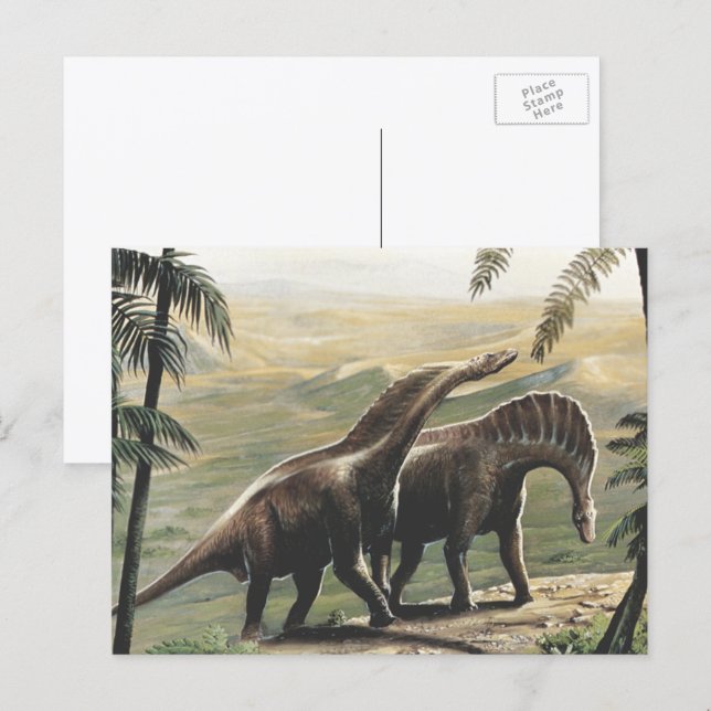 Cartão Postal Dinossauros Vintage, Amargasaurus com Palmeiras (Frente/Verso)