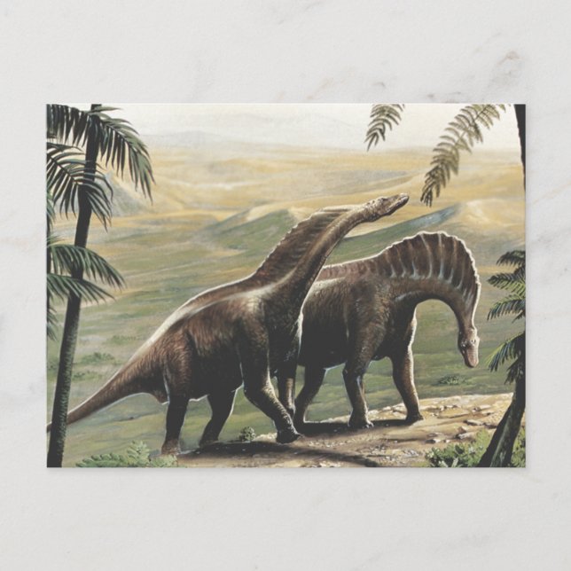 Cartão Postal Dinossauros Vintage, Amargasaurus com Palmeiras (Frente)