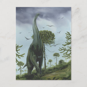 Cartão Postal Dinossauros Vintage, saurópodes com Aves Voando