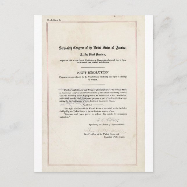 Cartão Postal Direito de voto das mulheres - 19ª alteração (Frente)