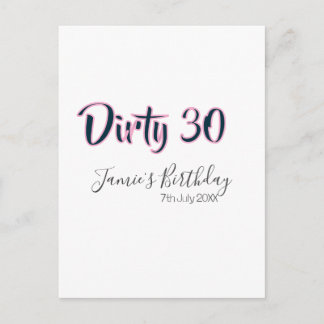Cartão Postal Dirty 30 happy birthday name date pink gray callig