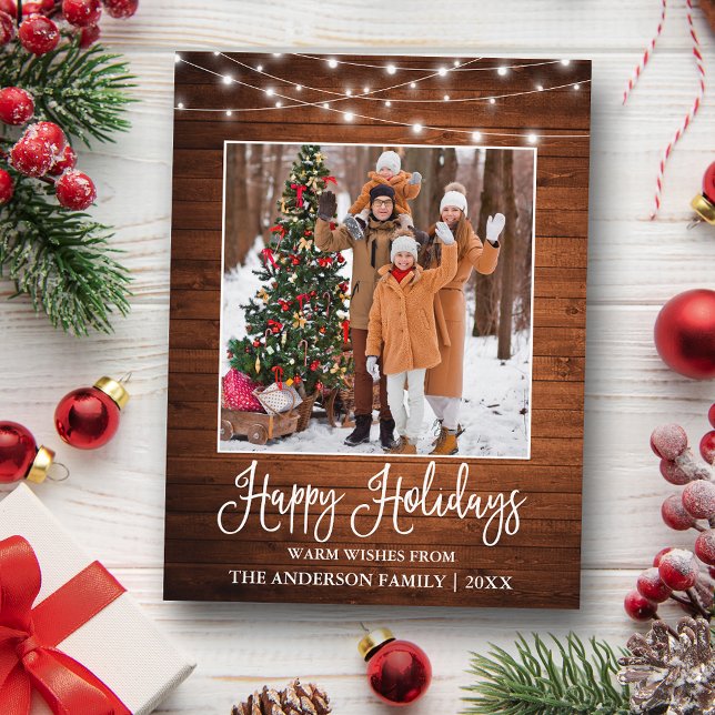 Cartão Postal Diversão Caligrafia Rústico Madeira Luzes Foto Fer (Customize to change your personalized text size or text style.)