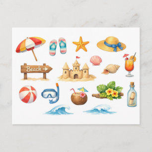 Cartão Postal Diversão de Verão na Praia em Aquarela