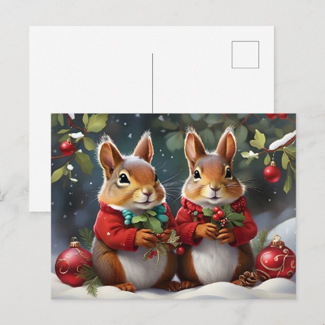 Cartão Postal Diversão Festiva com Esquilos de Natal Bonitos (Frente/Verso)