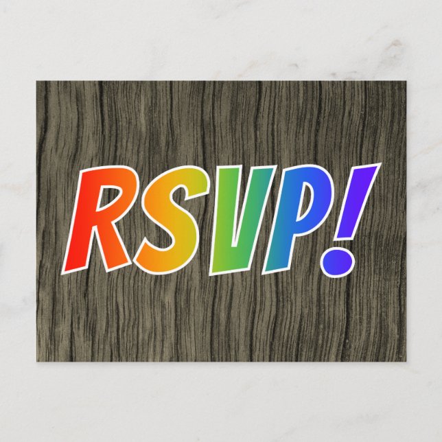 Cartão Postal Diversão Rainbow Letters "RSVP" + Faux Wood Look (Frente)