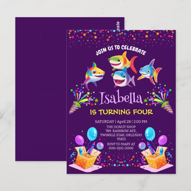 Cartão Postal Diversão tubarão arco-íris balão festa de aniversá (Frente/Verso)