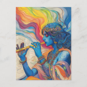 Cartão Postal Divino Senhor Krishna Tocando Flauta Surreal Arco-
