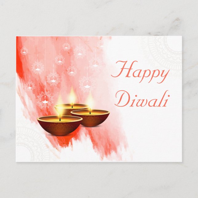 Cartão Postal Diwali Red Watercolor com Diyas (Frente)