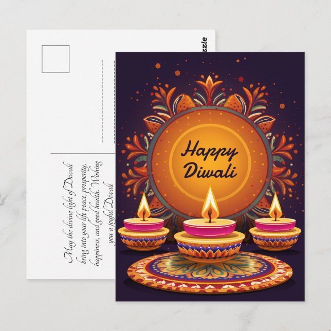Cartão Postal Diwali tradicional com diyas (Frente/Verso)