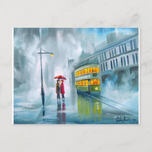 Cartão Postal DIZENDO GOODBYE Tram oil pintura dia chuvoso