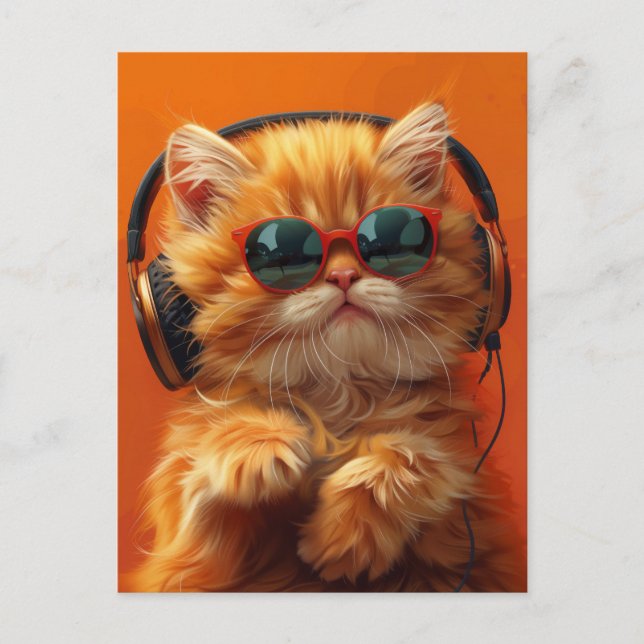 Cartão Postal DJ Whiskers - Funny Orange Cat com Fones de ouvido (Frente)