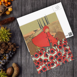 Cartão postal do Capuz Vermelho colhendo papoulas