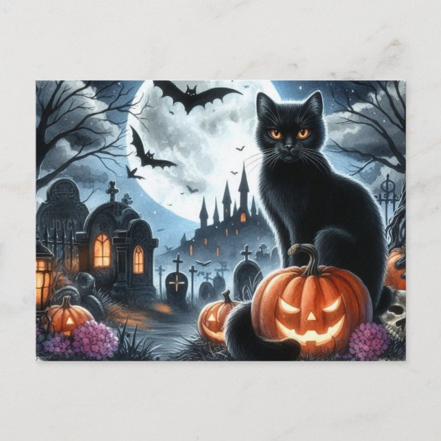 Cartão postal do cemitério de Halloween com gato p (Frente)