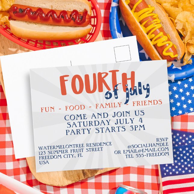 Cartão postal do Convite de festas Fireworks em 4  (Fun, Food, Family & Friends. All the ingredients for a fabulous Fourth. Just add your party details)