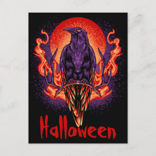 Cartão Postal do Corvo de Halloween com Chamas