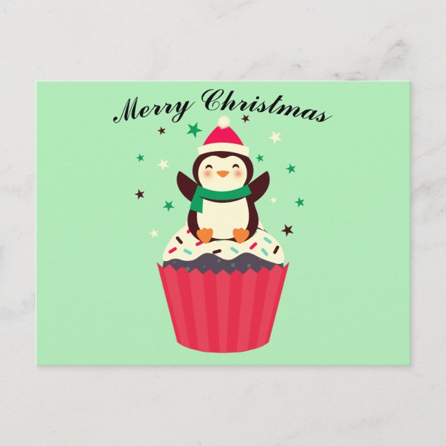 Cartão postal do Cupcake do Pinguim de Natal (Frente)