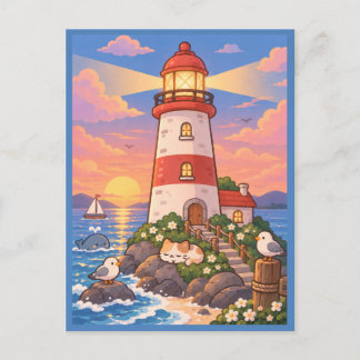 Cartão Postal do Faro Costeiro Fofo ao Pôr do Sol
