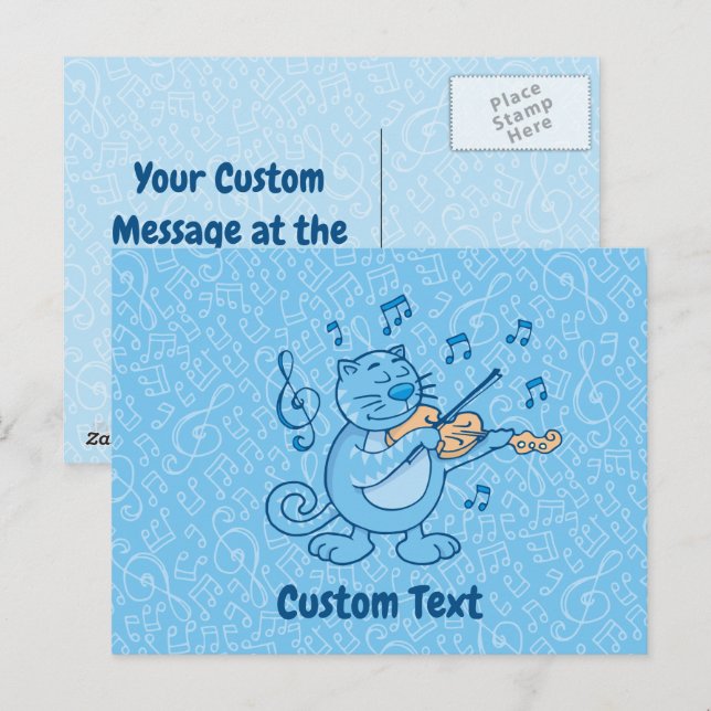 Cartão postal do gato azul com violino (Frente/Verso)