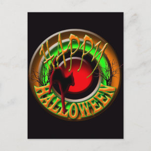 Cartão postal do gato e da lua do feliz Halloween