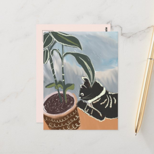 Cartão postal do gato observando plantas doméstica (Frente/Verso In Situ)