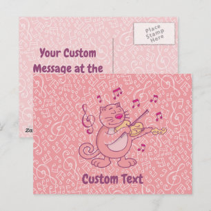 Cartão postal do gato rosa com violino